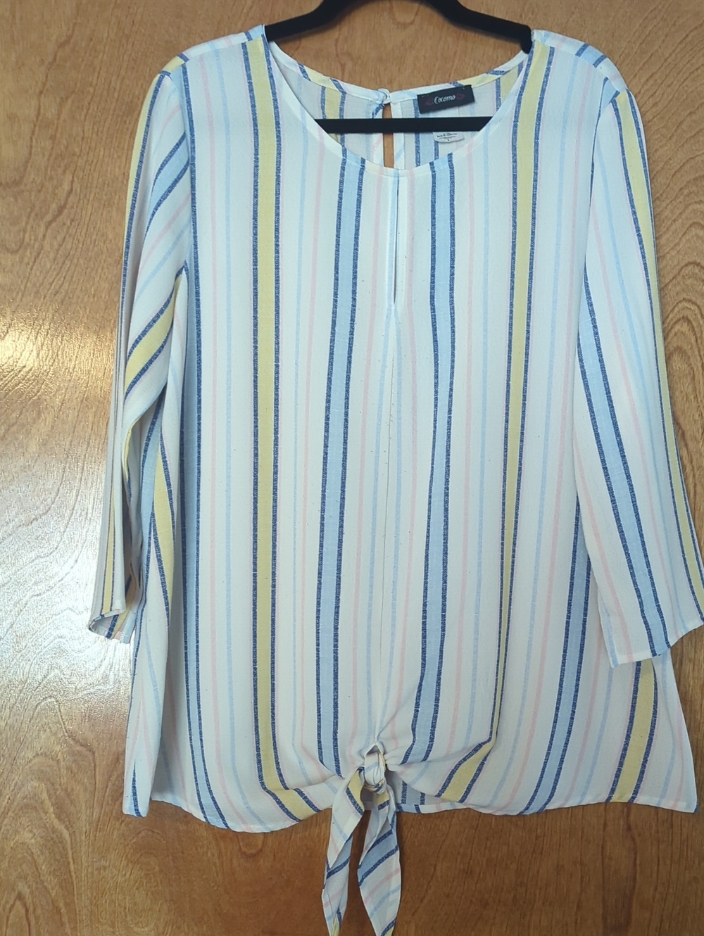 Cocomo Cream Blouse with Blue and Yellow Stripes and Front Knot